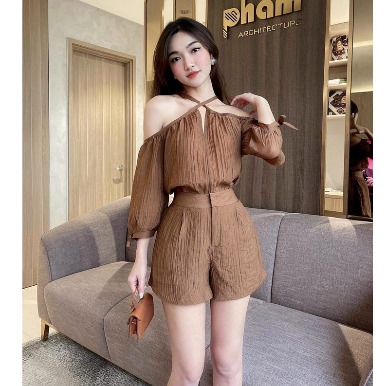 [ Rẻ vô địch] set bộ đùi nữ áo cổ yếm  trễ vai phối quần short ngắn đi chơi dạo phố sang chảnh thời trang [XM Minh Phúc