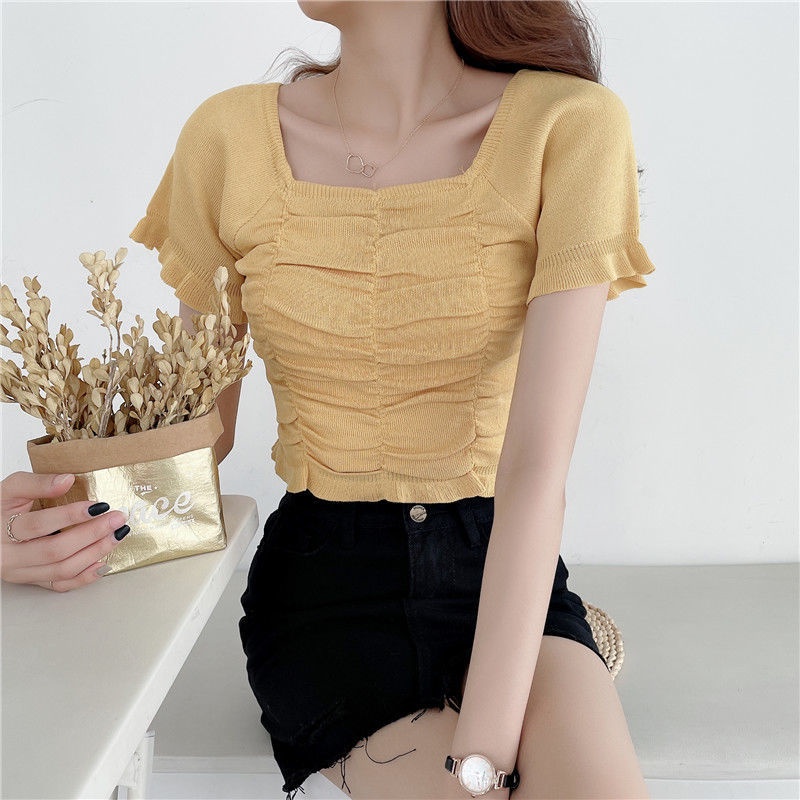 Áo Dệt Kim Ngắn Tay Thời Trang Pháp Xinh Xắn 185245 Áo Thun Tay Ngắn Cổ Vuông Thời Trang Mùa Hè Dành Cho Nữ