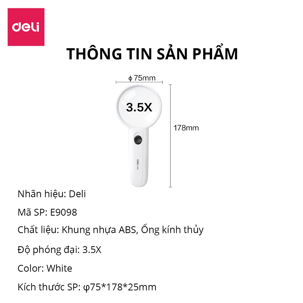 [LIFEMC02BPABAU -10% đơn 250K] Kính Lúp Deli - 1 Chiếc - Màu Trắng - Có 2 đèn LED - Phóng đại 3,5 Lần - 9098