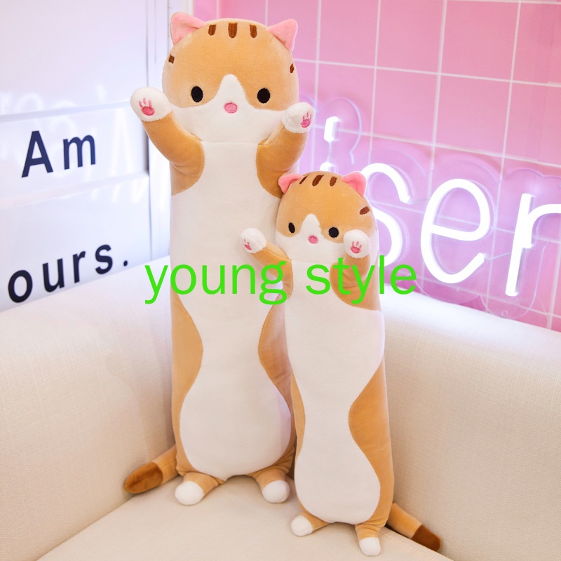 [Giá ưu đãi] Gối ôm dài hình mèo con, gối ôm nhồi bông mèo con hai màu xám và màu nâu BIG SIZE 110cm