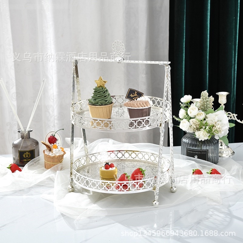 Khay bánh mứt kẹo mạ kim 2 tầng V88 sang trọng , Khay đựng bánh 2 tầng , Khay hoa quả 2 tầng trang trí Huydecor