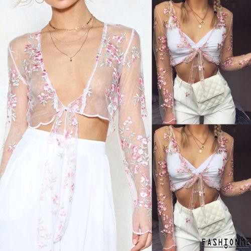 Ღ𝓂ℰSexy Women Deep-V Long Sleeve Blouse See-through Hollow Out Crop Tops Shirt