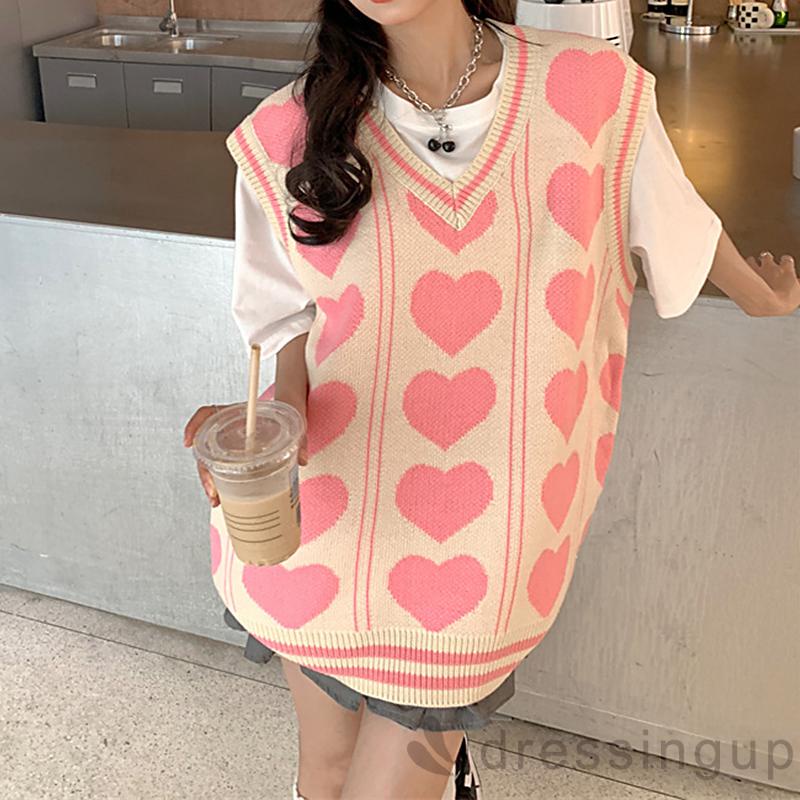Áo dệt kim sát nách dáng rộng in họa tiết trái tim màu sắc thời trang mùa đông cho nữ