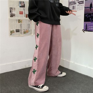 Quần ulzzang ống suông unisex chất nhung tăm thêu xương rồng(hàng order không có sẵn )