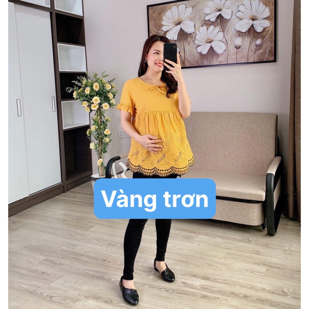 Áo bầu họa tiết thêu hoa nhỏ chất liệu mát mẻ siêu xinh