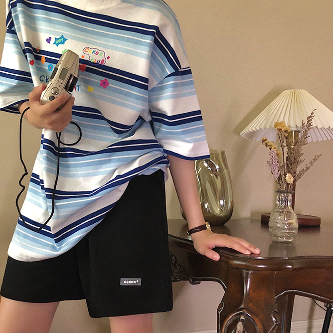 Áo Thun Nữ Ngắn Tay Họa Tiết Sọc Thêu Hình Thời Trang | BigBuy360 - bigbuy360.vn