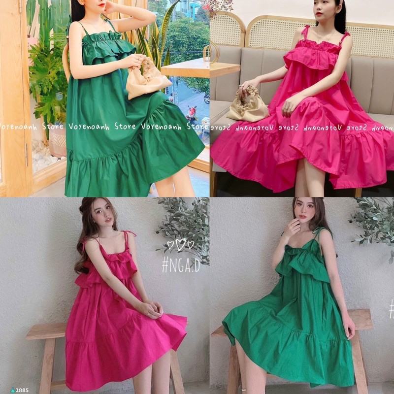 Đầm xoè cổ bèo dây , Đầm hồng xanh xoè, Đầm babydoll