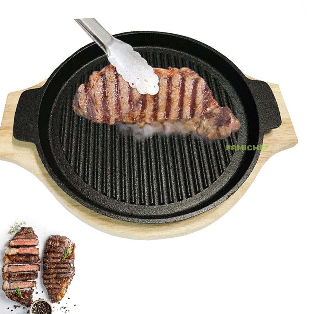 Chảo gang nướng chống dính BBQ kèm đế lót gỗ Dragon D080