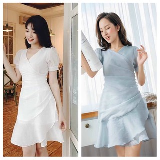 Đầm cổ V tay phồng xốp mịn 2 màu trắng/xanh kt
