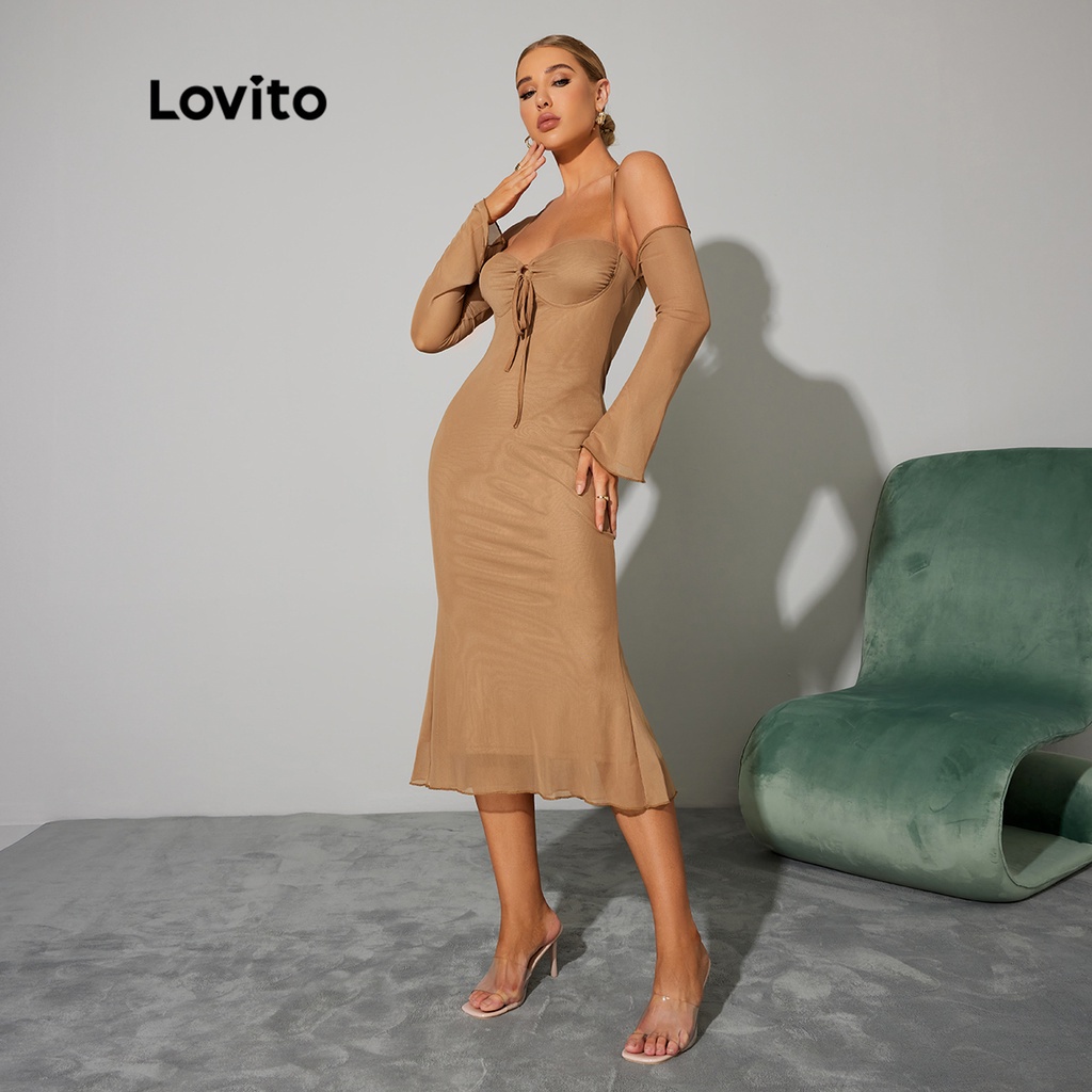 Lovito DAY &amp; NIGHT GLAMOR Bữa tiệc Đồng bằng dây buộc Trái tim Ngọt Chuông Cổ Tay Áo Cá Đuôi cá Váy L32LE048 (Kaki)