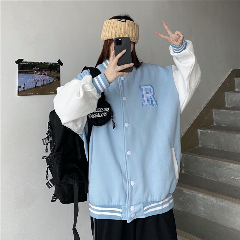 Bomber ❤️❤️ Áo khoác bomber nữ bóng chày varsity họa tiết chữ R xanh cao cấp nam nữ mùa đông vải nỉ hàn quốc giá rẻ