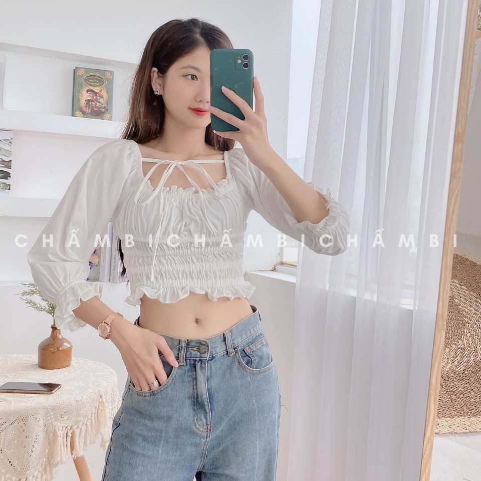 [SALE] Áo croptop ôm A.170, áo kiểu croptop hàn quốc cổ vuông chun ngực bo cực sang chảnh