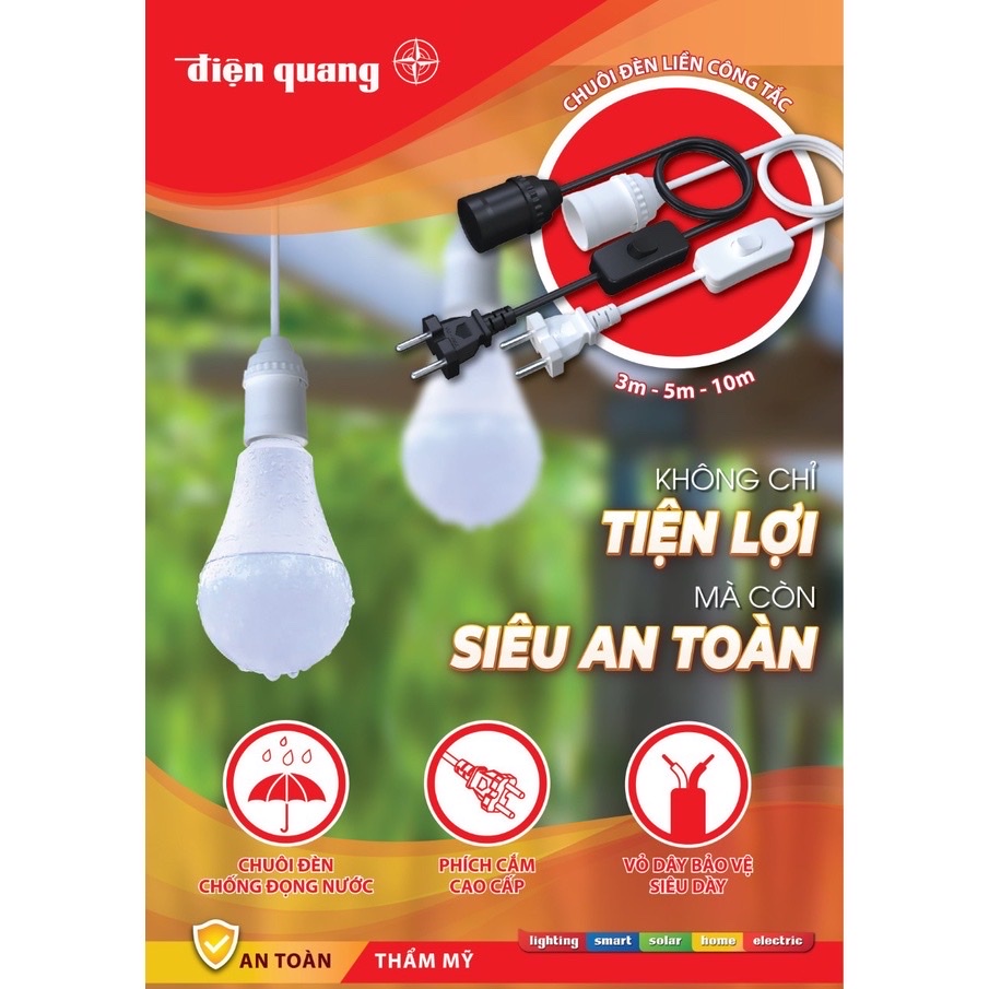 Chuôi đèn liền công tắc Điện Quang ĐQ LH E27 dây dài 3m, 5m, 10m - CHÍNH HÃNG