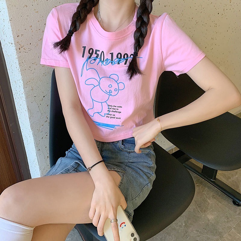 Áo thun ZHELIHANGFEI dáng ngắn in hình gấu dễ thương cho nữ