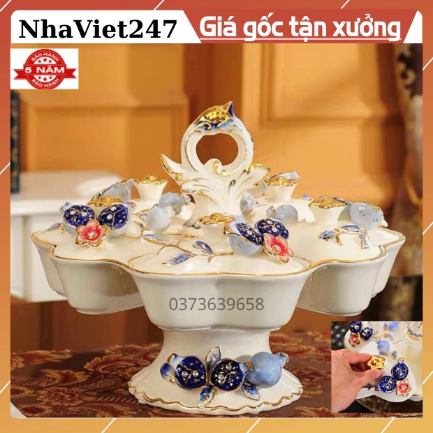 Khay Đựng Bánh Kẹo Bằng Gốm Sứ Vẽ Vàng, Hoạ Tiết 3D Đắp Nổi,Nhập Khẩu-vật trang trí Bàn,tủ,quà tặng đẹp ,giá rẻ