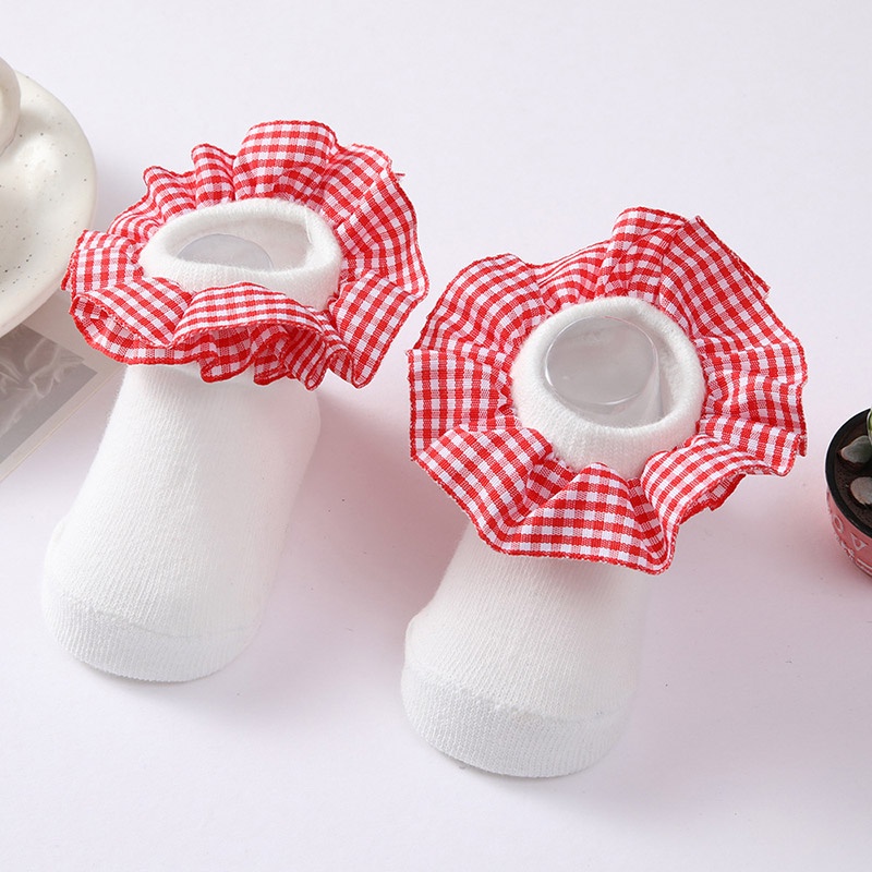 Vớ Cotton Mềm Mại Thoáng Khí Phối Bèo Họa Tiết Kẻ Sọc Cho Bé Gái Sơ Sinh