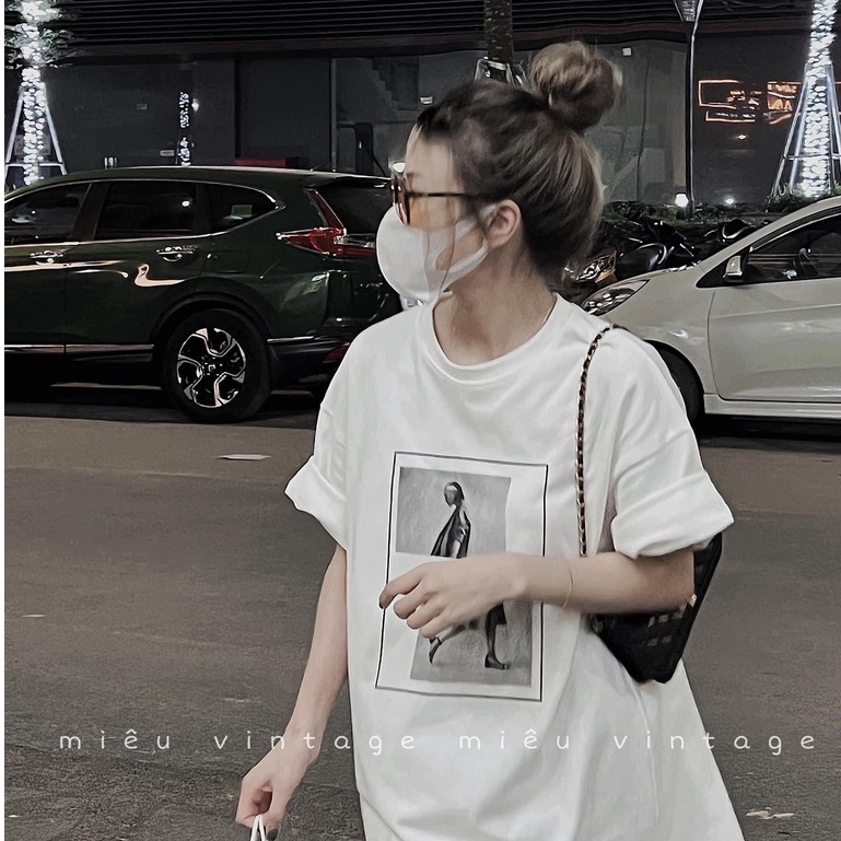 Áo phông miêu vintage in đơn giản dáng rộng tay lỡ màu trắng quốc dân