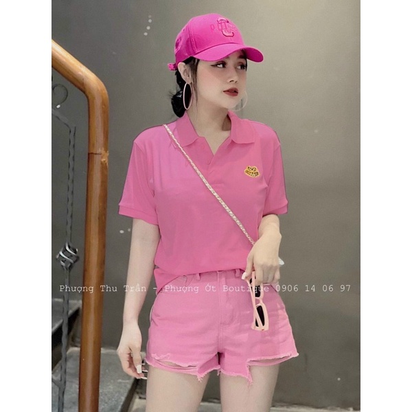 Áo Thun Polo Nữ Màu Hồng Logo Thêu Hình Con Hổ Chất Đẹp, Áo Polo Nữ Cổ Dệt Chữ V