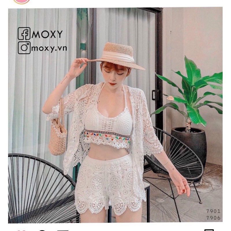 15-[HOT NEW 2021]-Set bikini ren 3 món(bra hạt-quần sóc hoa to-choàng hoa tay lỡ)