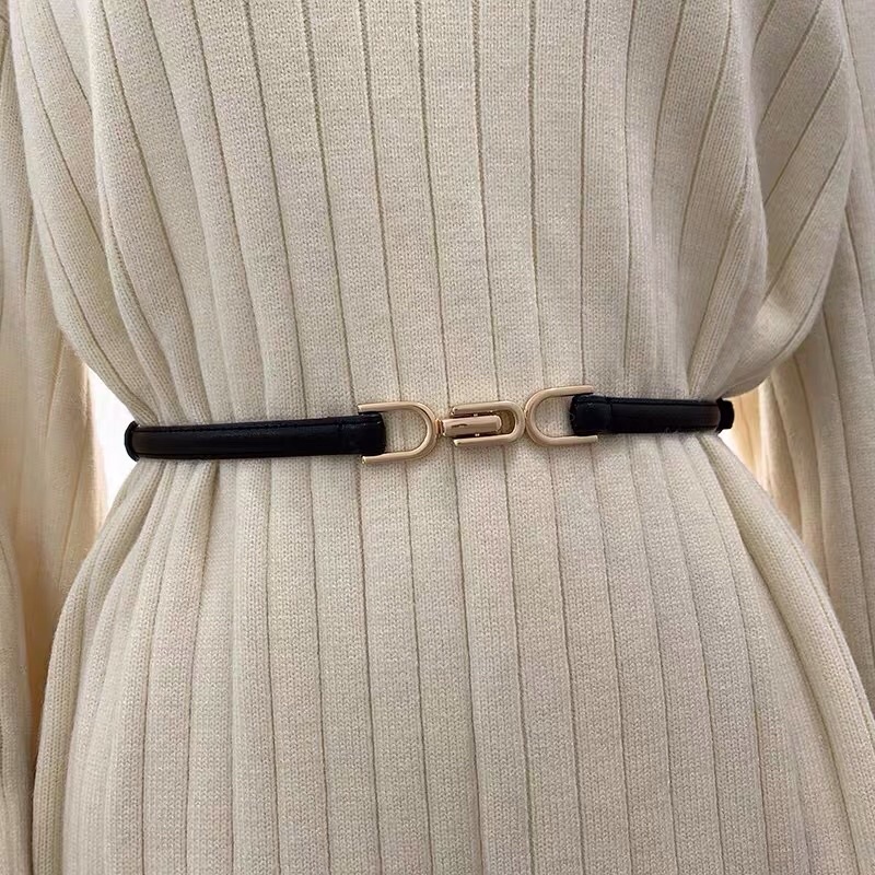 Thắt lưng dây nịt nữ bản nhỏ 1cm da thật khóa móc chữ U mạ màu vàng hồng đai buộc áo váy len khoác dạ rút eo 2 bên