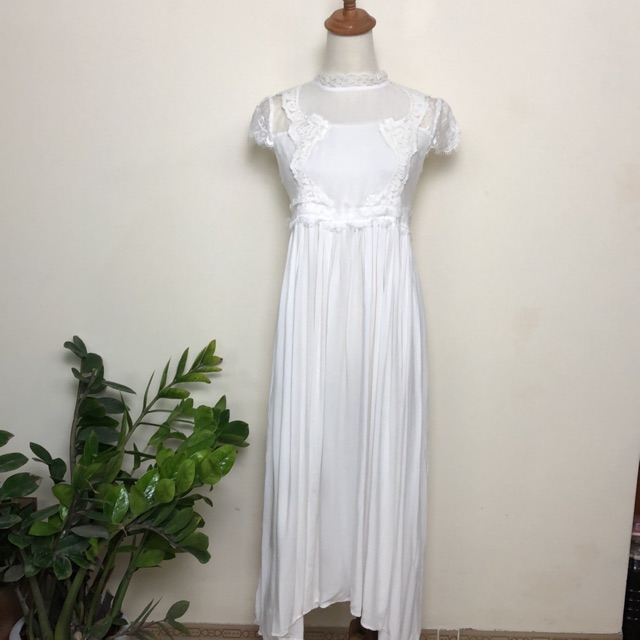 Size S M Đầm ren trắng maxi dự tiệc, cưới, tiểu thư 2hand mới đét