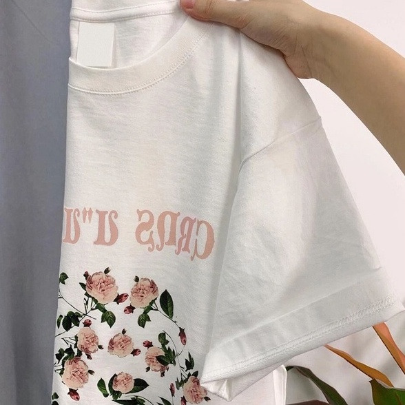 Áo thun ZHELIHANGFEI tay ngắn dáng rộng in chữ và hoa hồng dễ phối đồ