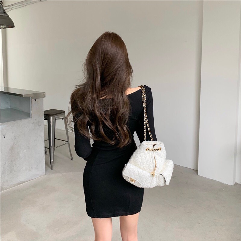 Váy Body Dài Tay MIMILA Đầm Body Dáng Ôm Xẻ Tà Cổ Vuông Vải Thun Gân Co Giãn 4 Chiều Siêu Cá Tính - MBD038