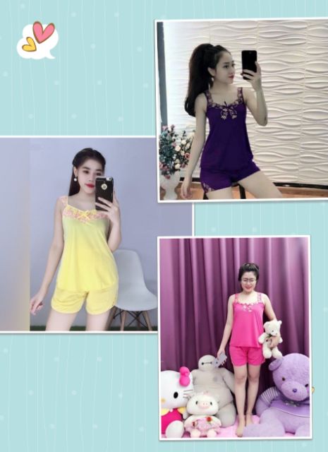 03 Bộ đồ ngủ Thun Lạnh cao cấp Thêu Ren freesize từ 35kg -&gt;65kg (giao 3 bộ đủ màu )