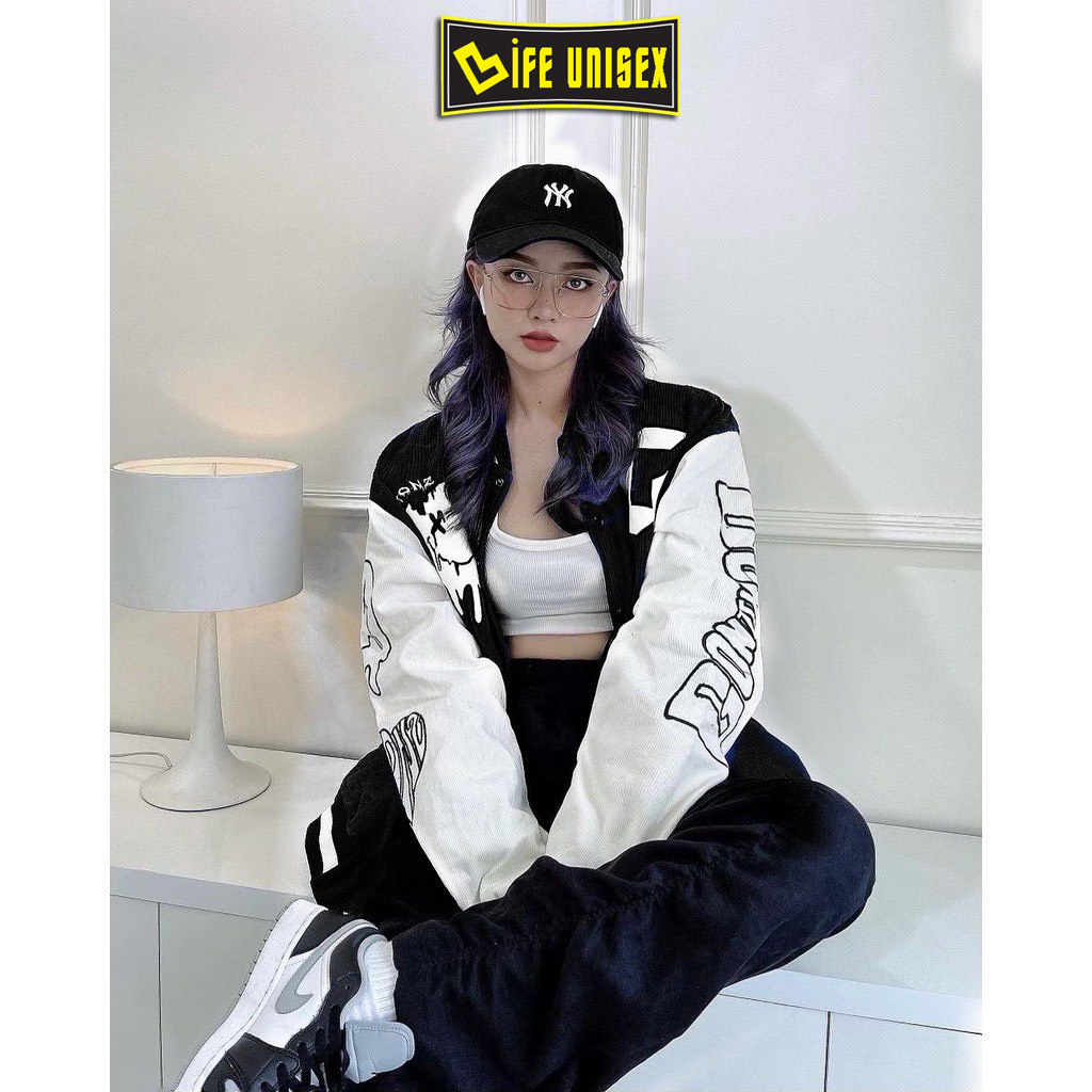 Áo Khoác Bomber Nhung Tăm GONZ Nam Nữ Ulzzang Unisex Có Nút, Áo Khoác Nhung Form Rộng LIFE UNISEX