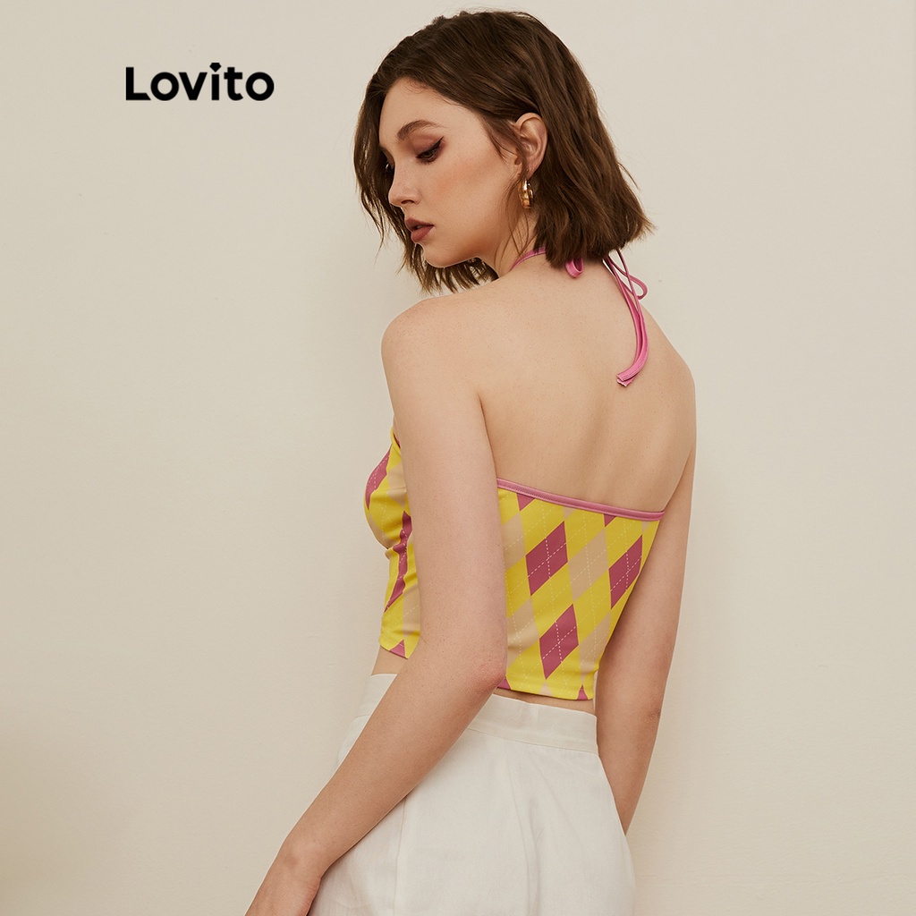 Áo tank top Lovito trễ vai họa tiết hình học thiết kế kiểu cột dây phong cách preppy L19E001 (Màu vàng)