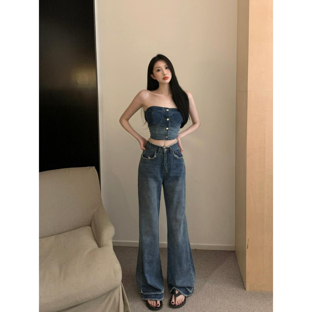 Cocory vn Bộ Áo Ngực Denim / Quần Jeans Tua Rua Thẳng Ống Rộng Lưng Cao Thời Trang Mùa Hè Quyến Rũ Cho Nữ