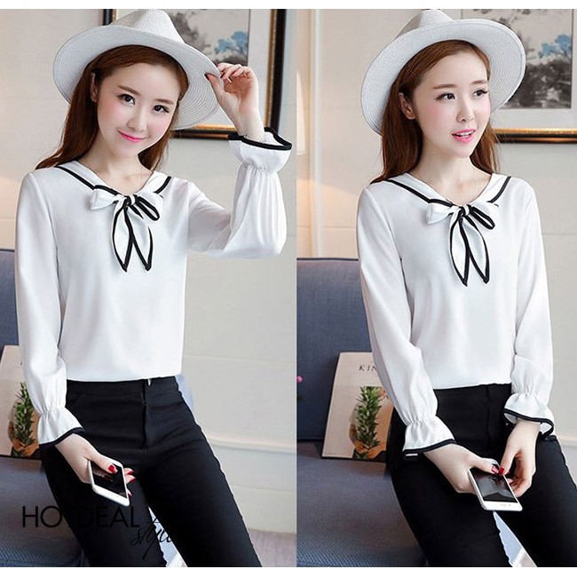 Áo Kiểu Nơ Tay Loe Phối Viền Daisy