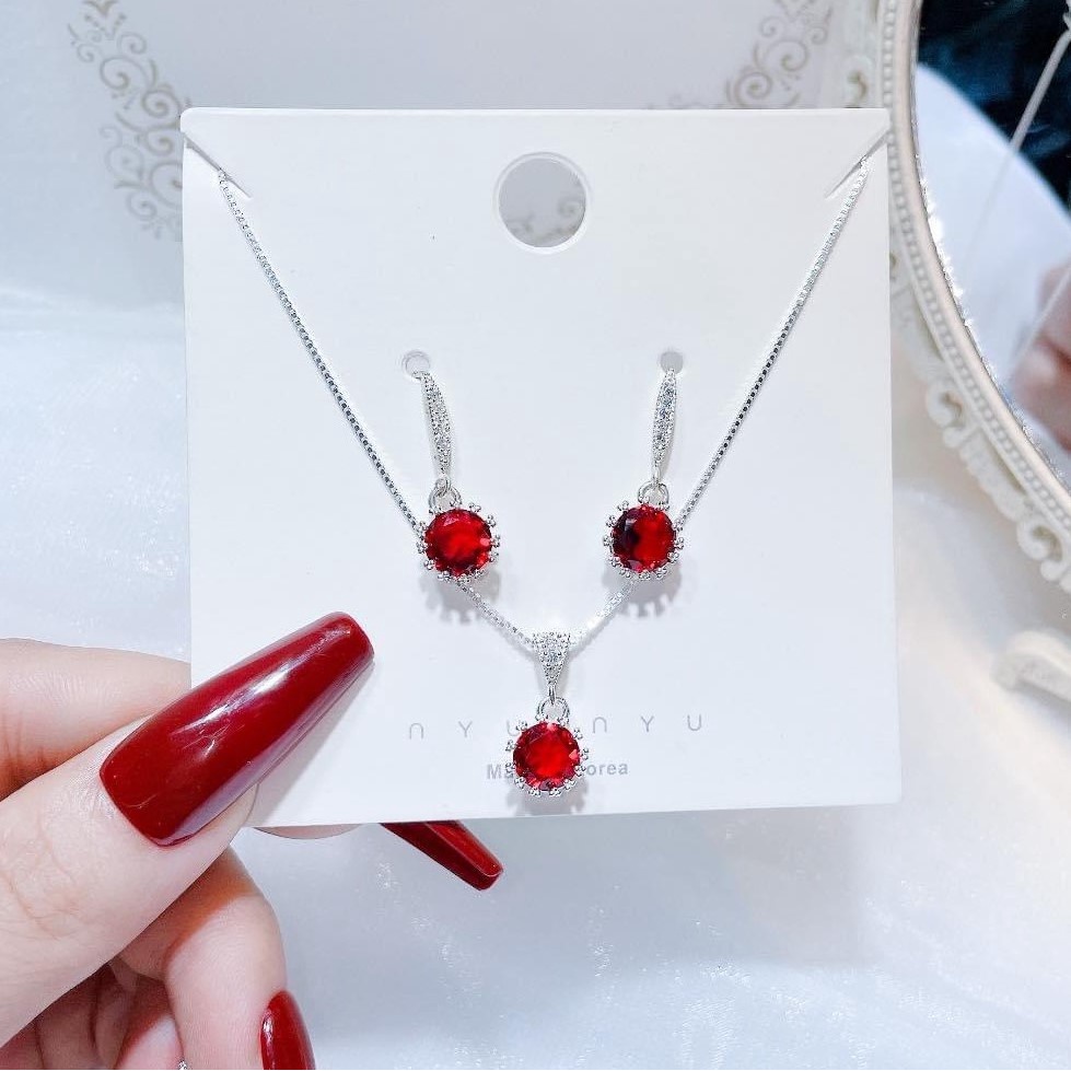 Combo trang sức bạc Dây chuyền + Bông tai gắn đá màu, phong cách trẻ trung năng động