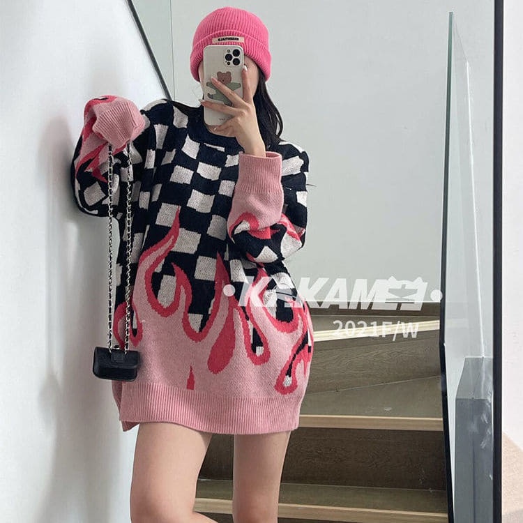 Áo len nữ kiểu phối kẻ caro và lửa hồng cá tính phong cách thời trang hot trend TikTok