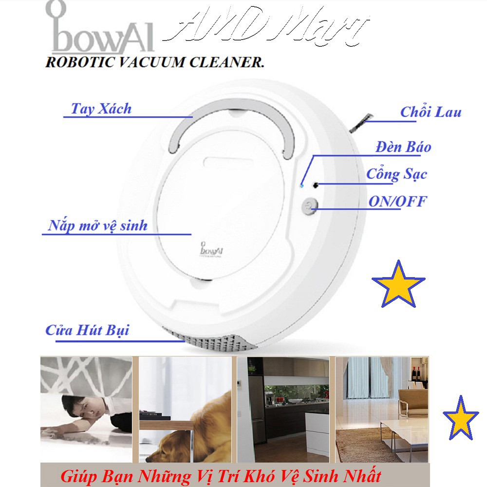 ROBOT HÚT BỤI LAU NHÀ BOWAI  Tự Động Hút Bụi-Quét-Lau Sàn -Cảm Ứng Thông Minh.