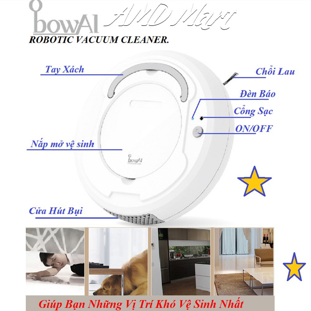 Robot hút bụi Bowai [HÀNG NHẬP KHẨU] Máy hút bụi Bowai thông minh thế hệ mới 3 trong 1 : Quét nhà, Hút bụi, Lau nhà