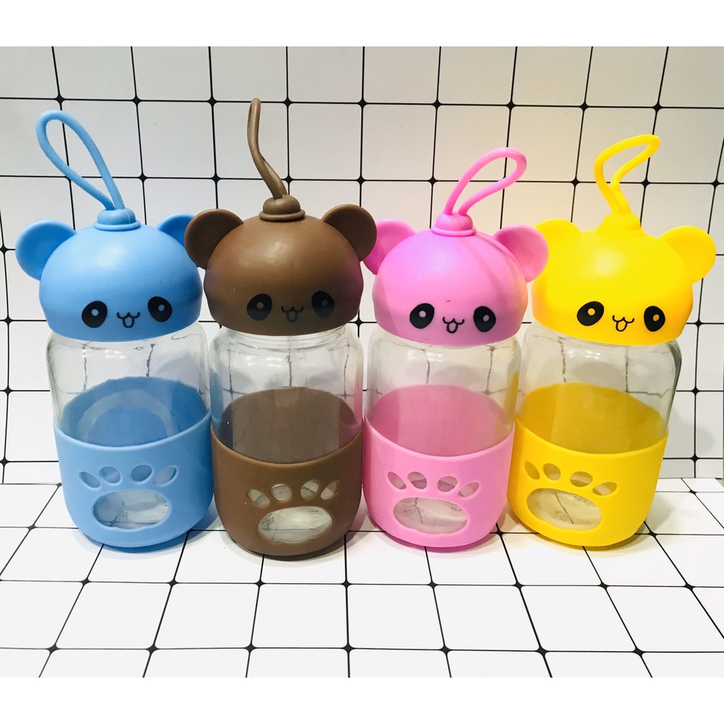 BN3 Bình Nước Thủy Tinh Nắp gấu 300ml bình gấu cute chai nước dễ thương