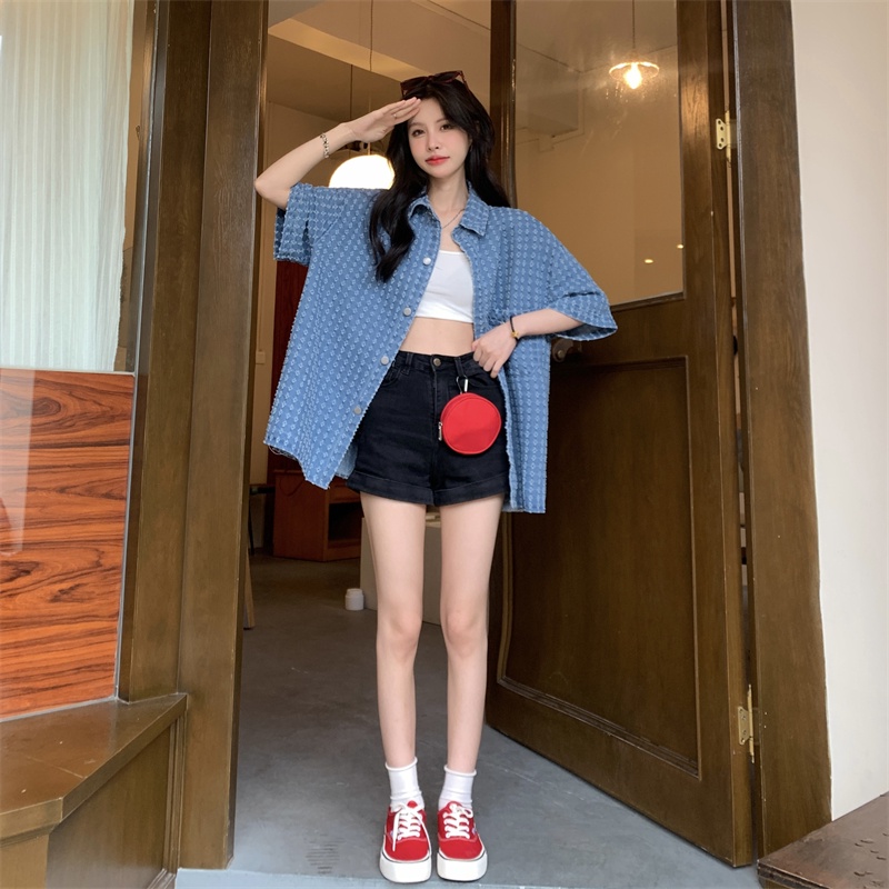 QOEDDV Áo Sơ Mi denim Tay Ngắn Phong Cách Hàn Quốc Cổ Điển Thời Trang Cho Nữ