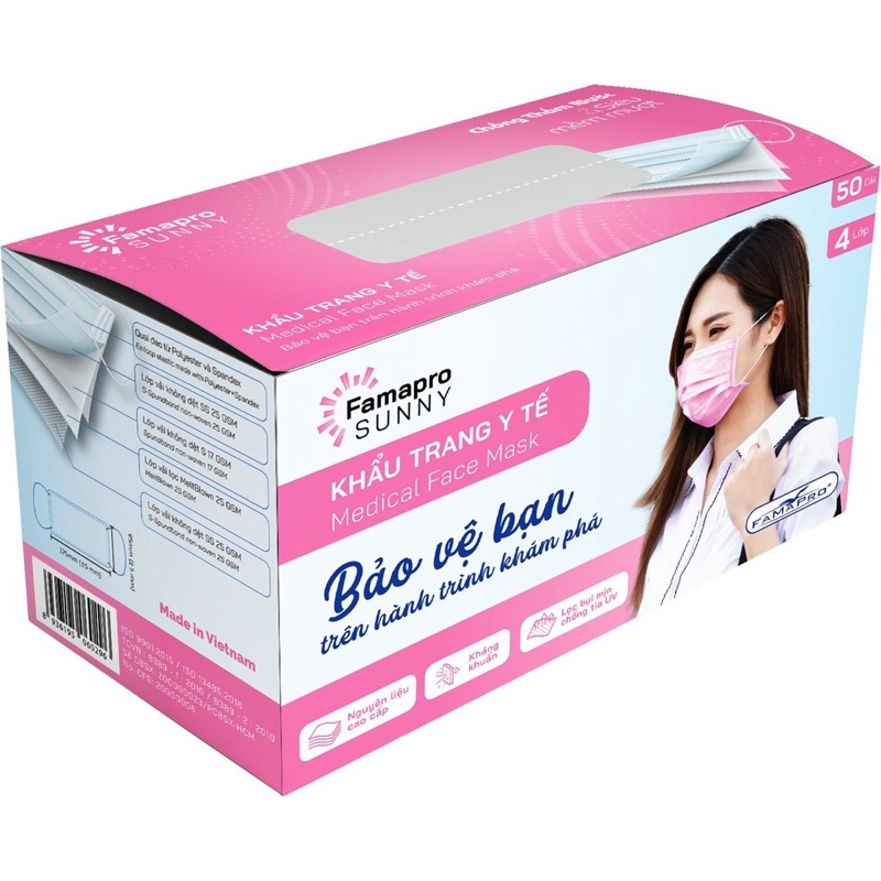 50 cáiKhẩu trang y tế 4 lớp kháng khuẩn Famapro Sunny hộp 50 cái - Chính hãng công ty Nam Anh