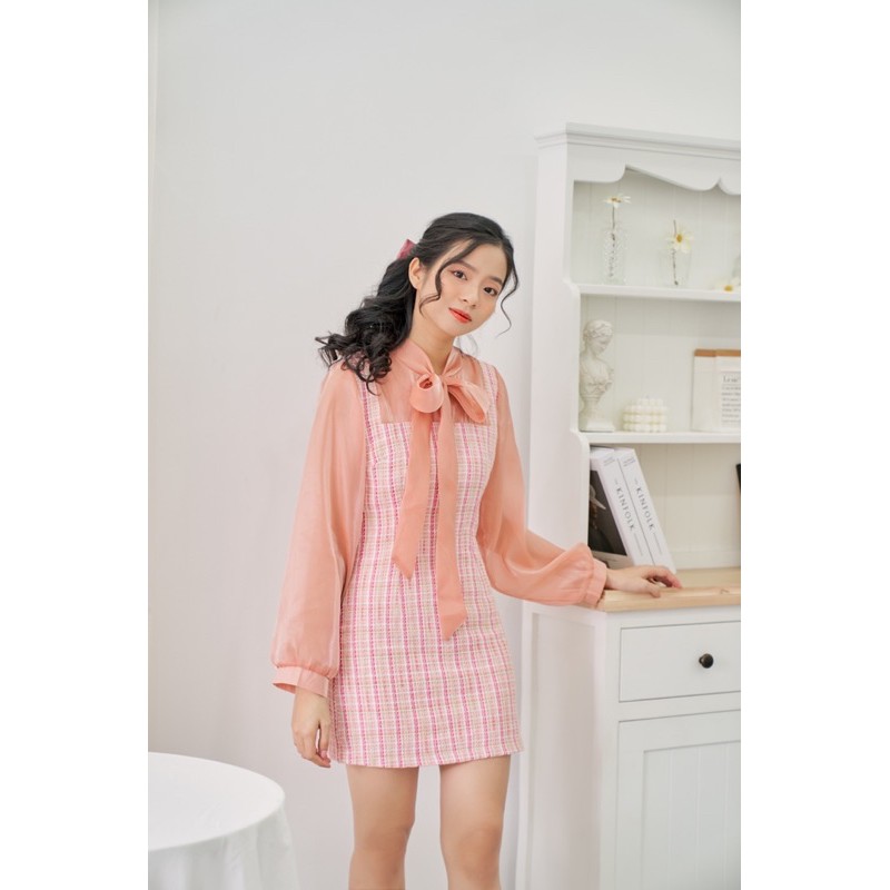 Đầm tiểu thư cổ thắt nơ , đầm ôm tay phồng , hàng thiết kế Peony Tweed Dress D037 (ảnh thật)