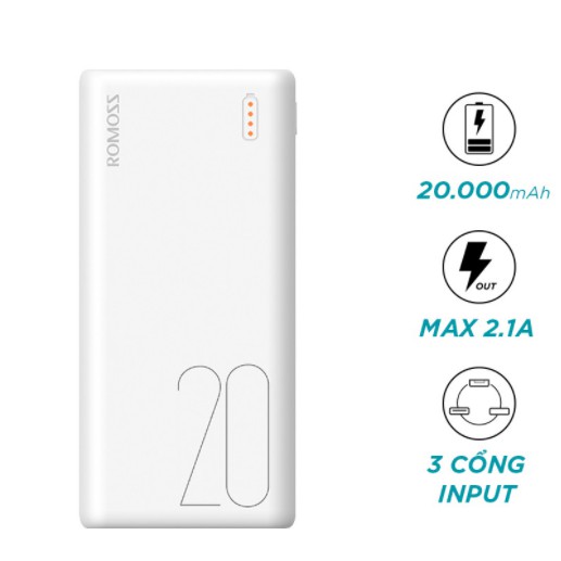 Romoss 20.000mAh Pin Sạc dự phòng Romoss Simple - nhỏ gọn 3 cổng input Micro - Lightning - Type C