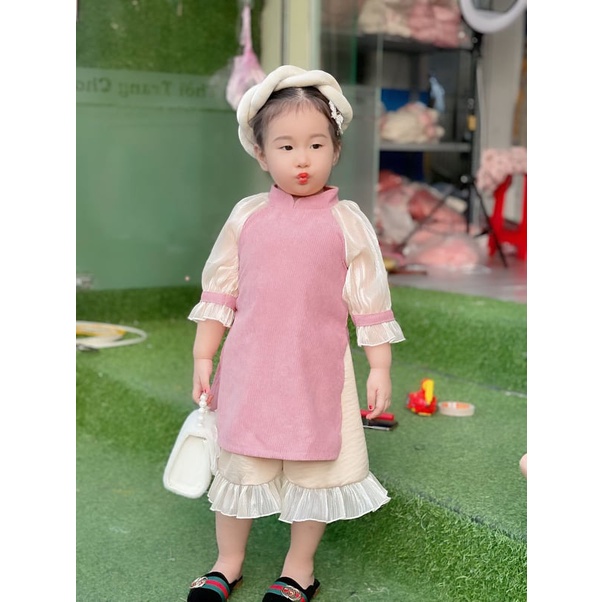 Áo Dài Cách Tân Cho Bé Gái Kèm Mấn Cực Xinh, Thoải Mái Thoáng Mát Đủ Quần, Áo Và Mấn