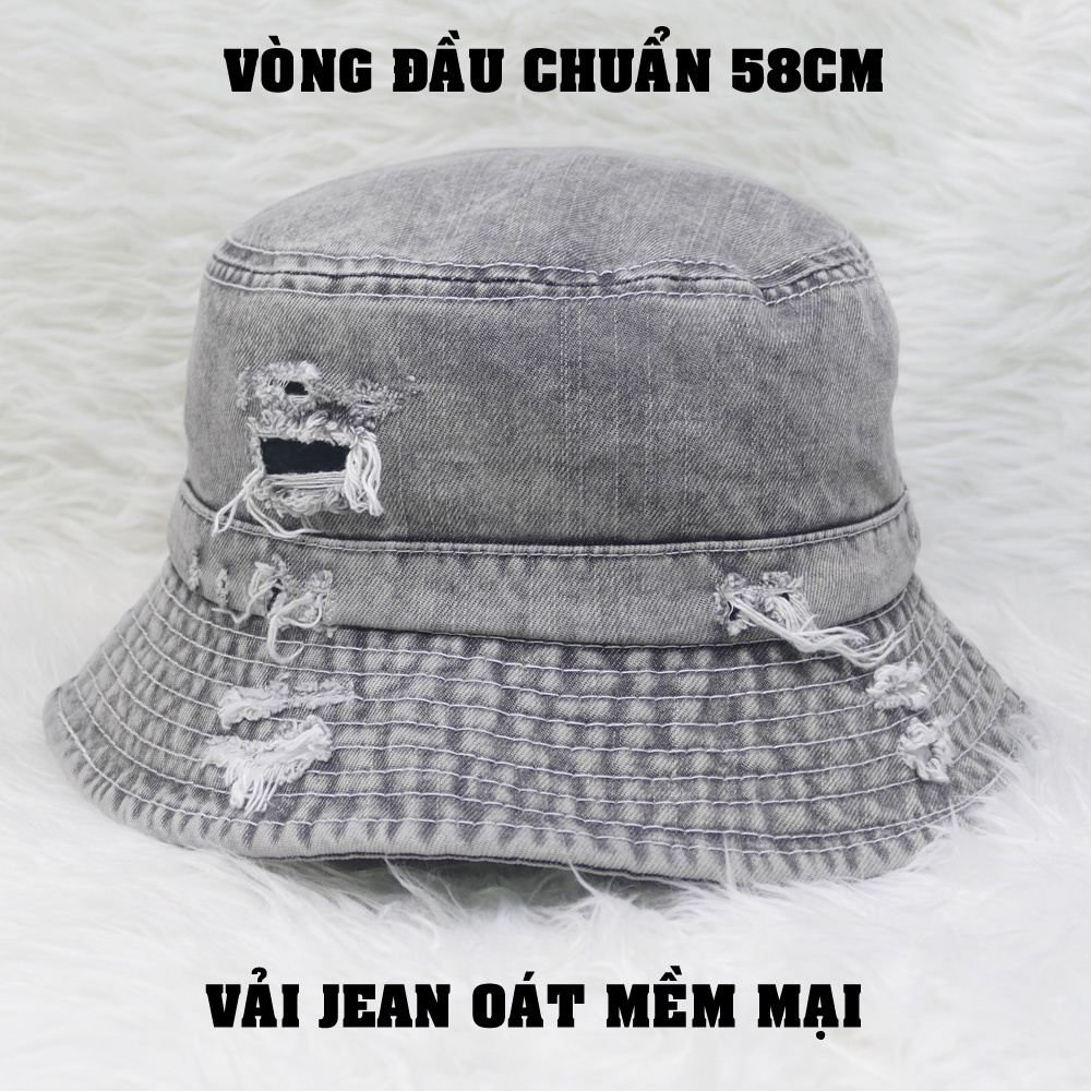 Nón bucket jean rách bụi cá tính không thêu, không có quai nón