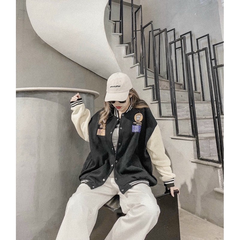 ÁO KHOÁC BÓNG CHÀY BOMBER ĐEN PHỐI TRẮNG SỌC THÊU STICKER KÈM ẢNH THẬT | BigBuy360 - bigbuy360.vn