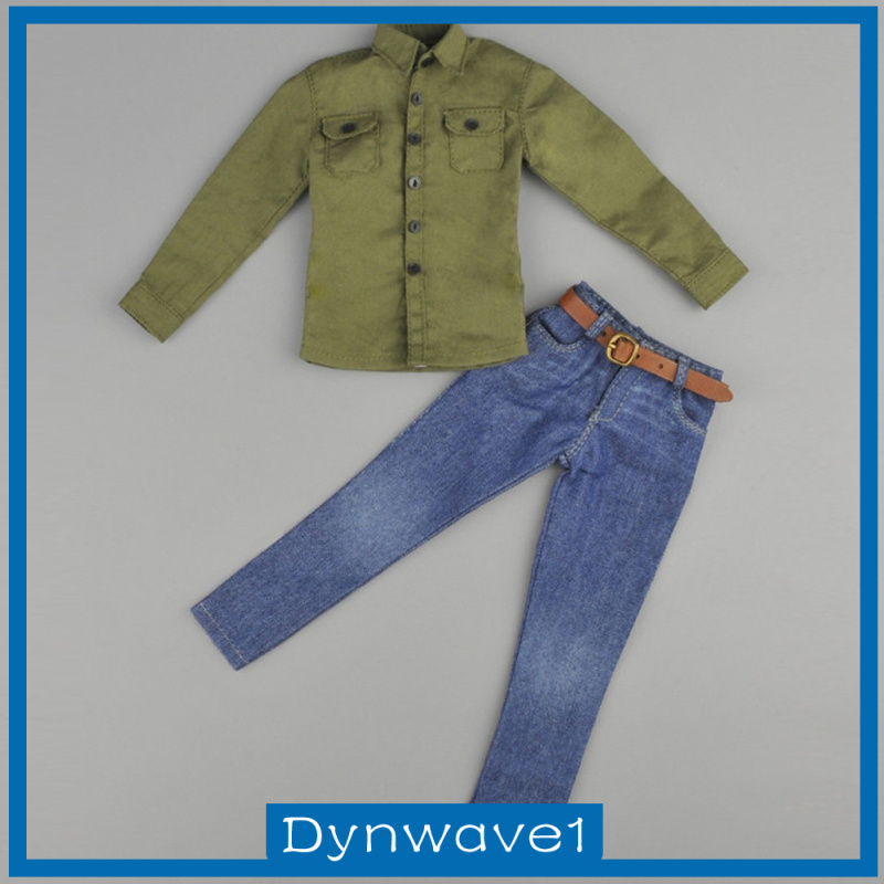 Set 1 / 6 Áo Sơ Mi Tay Dài Màu Xanh Lá + Thắt Lưng + Quần Jeans Xanh Quân Đội Cho Mô Hình 12 "