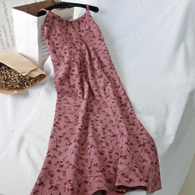Đầm hai dây vải nhung cổ chữ V in hoa phong cách Hàn Quốc cổ điển thời trang cho nữ