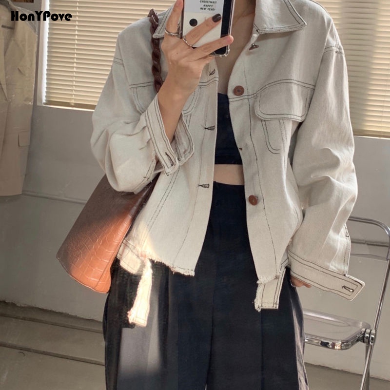 Honypove Áo Khoác Denim Dài Tay Phong Cách Hong Kong Thời Trang Mới 2021