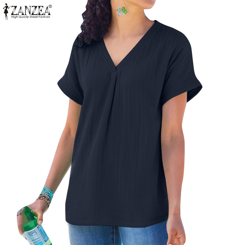 Áo thun ZANZEA ngắn tay cổ chữ V màu trơn đơn giản dễ phối đồ cho nữ