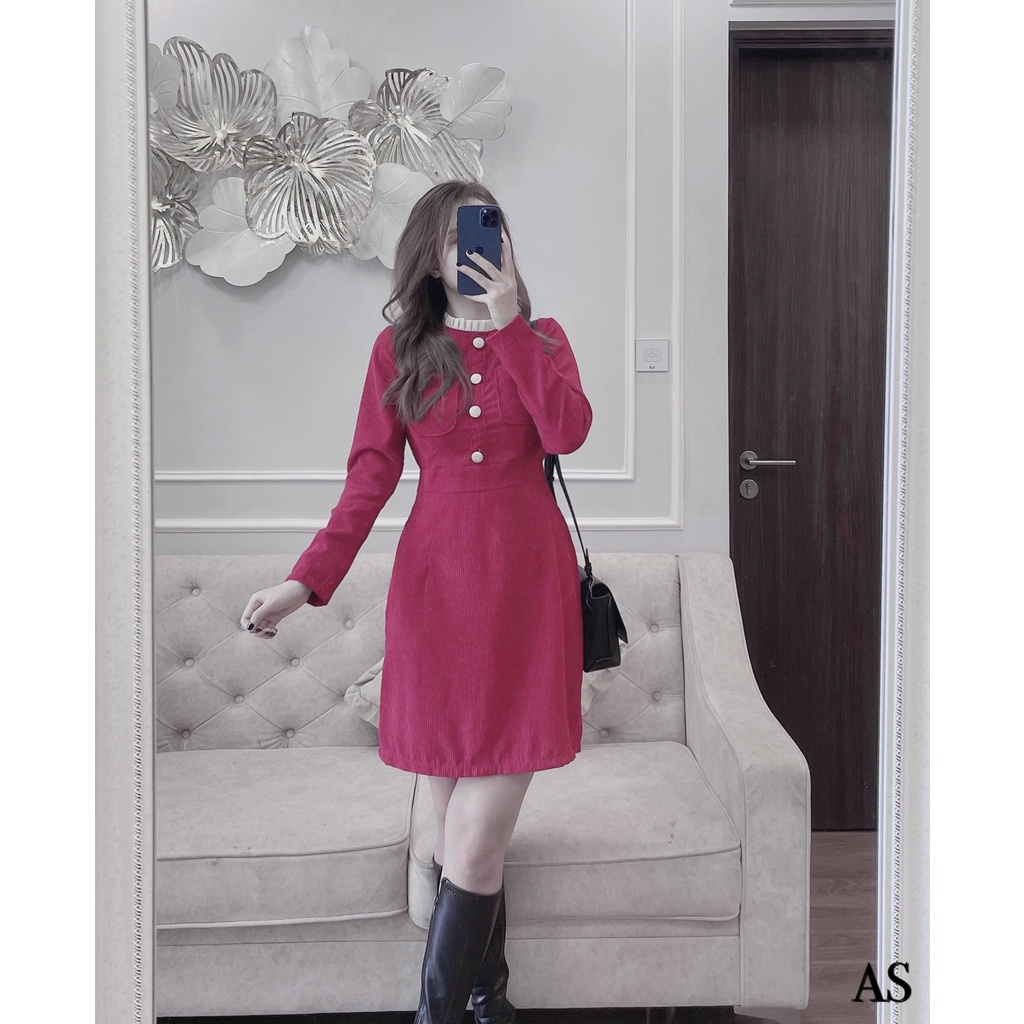 Váy nhung tăm đẹp 💟 FREE SHIP+TẶNG KÈM 1 SP SHOP TẶNG 💟 Váy nhung tăm cổ ly cúc ngọc hàng cao cấp siêu đẹp