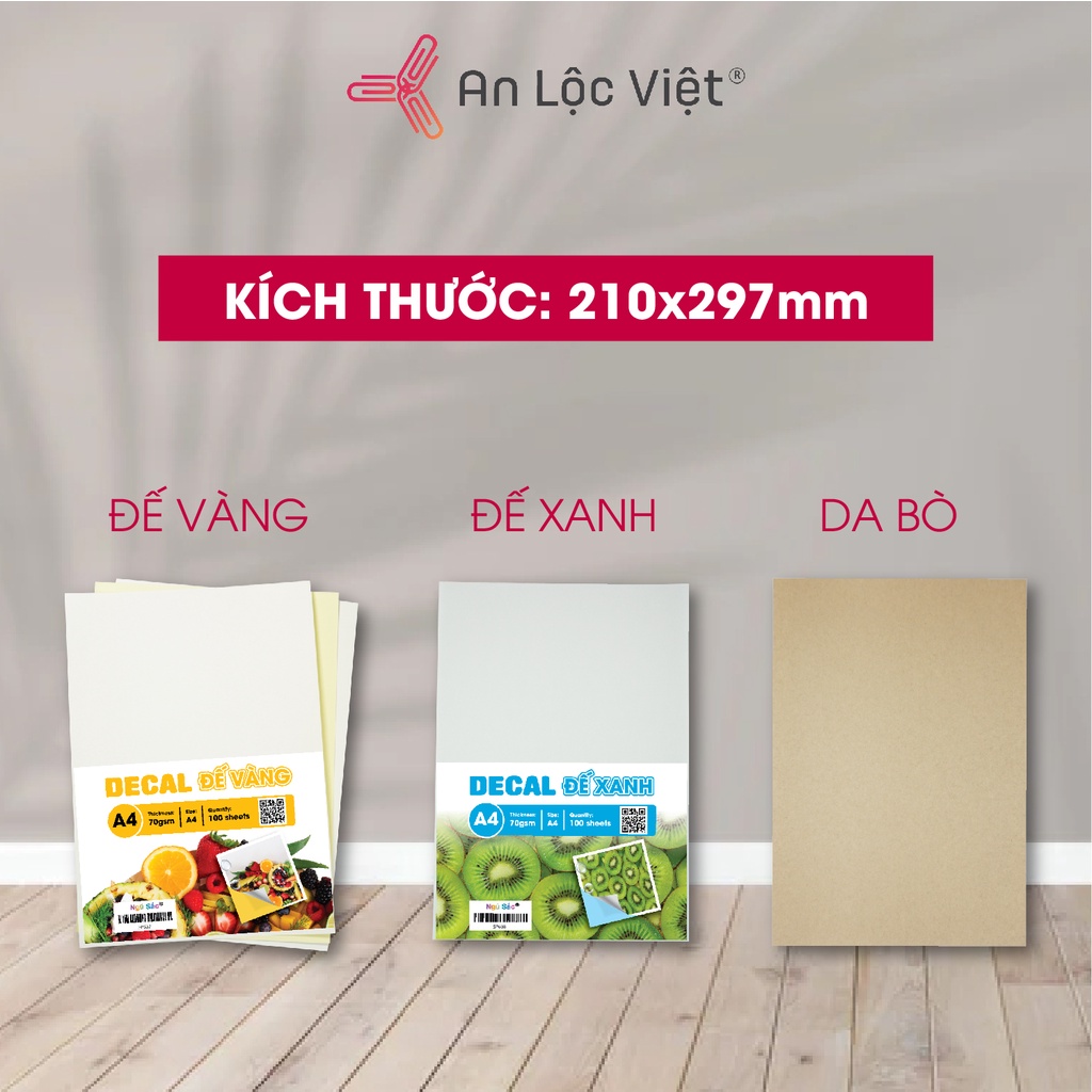 Giấy Decal A4 đế xanh, đế vàng và da bò